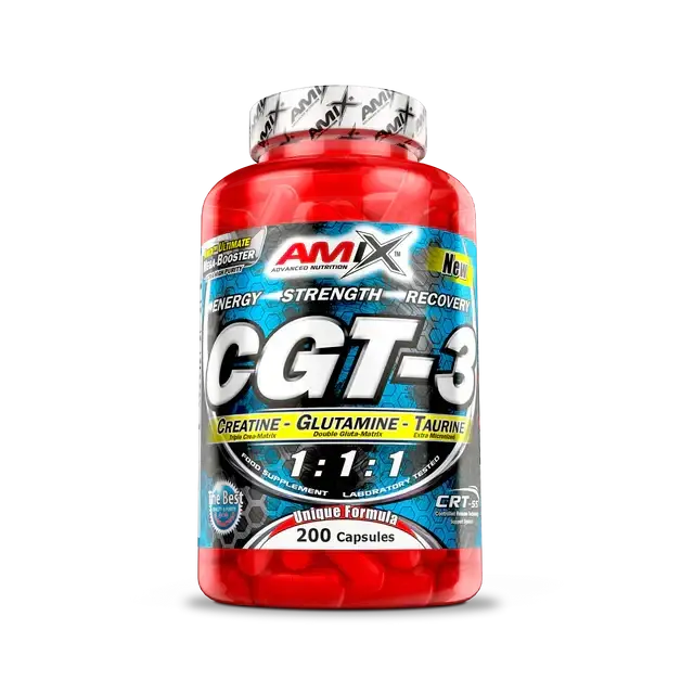 Amix CGT-3 200 Capsules – formule créatine, glutamine et taurine avec technologie CRT-SS pour force, endurance et récupération musculaire