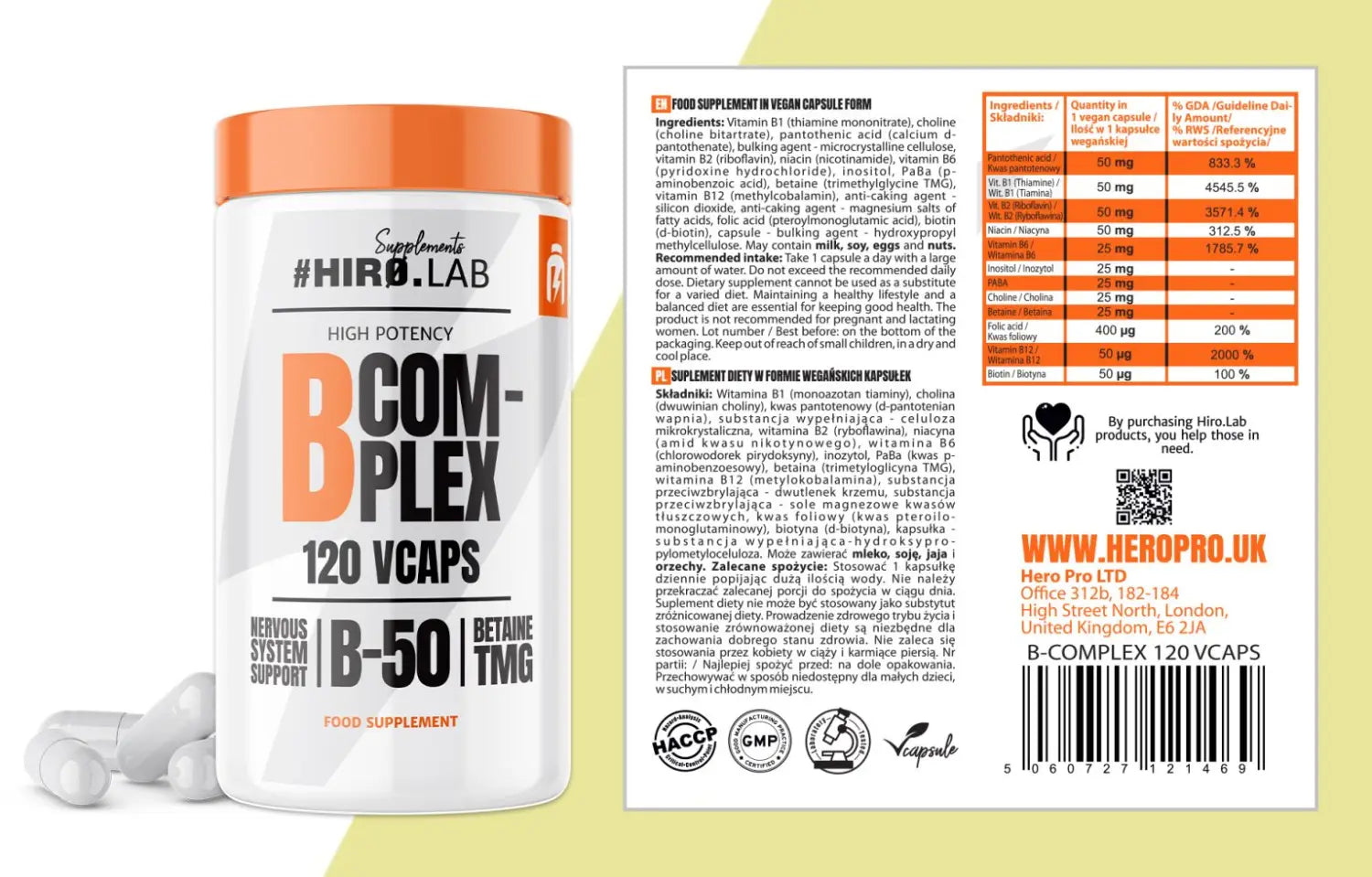 B-Complex Hiro.Lab – 120 cápsulas vegetales, suplemento de vitaminas B con betaína TMG para un metabolismo energético óptimo. Certificado HACCP e ISO.