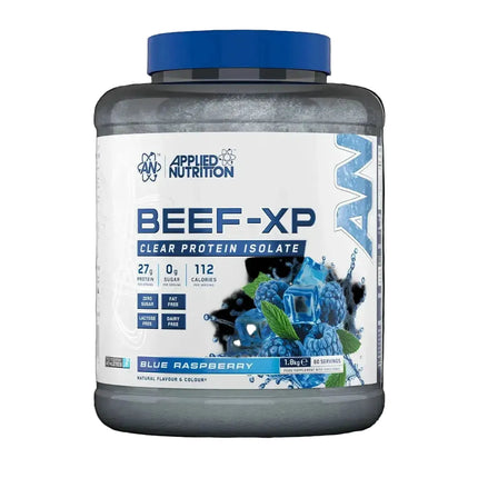 Applied nutrition bœuf-xp isolat protéiné protéine claire 1800g saveur framboise bleue dans un pot transparent avec couvercle bleu