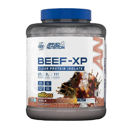 Bœuf-xp isolat protéiné cola saveur protéine claire 1800g en pot transparent avec couvercle bleu et éclaboussures glace