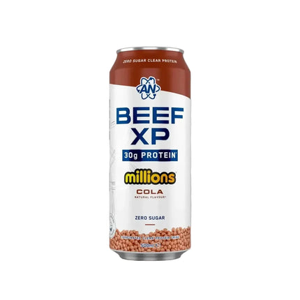 Une canette en aluminium marron et blanche beef-xp clear protéine drink 500ml zero sucre avec 30g de protéine amino acids creatine