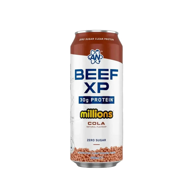 Une canette en aluminium marron et blanche beef-xp clear protéine drink 500ml zero sucre avec 30g de protéine amino acids creatine
