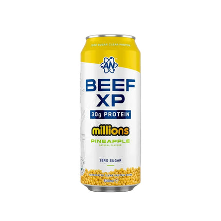 Canette jaune et blanche de beef-xp clear protéine drink 500ml saveur ananas avec 30g de protéine et zéro sucre