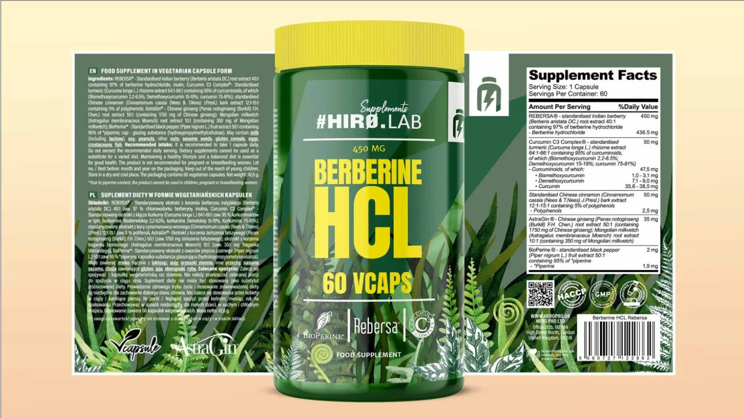 Etiqueta nutricional e ingredientes Berberina HCl Hiro.Lab – 60 vcaps – composición completa e información.
