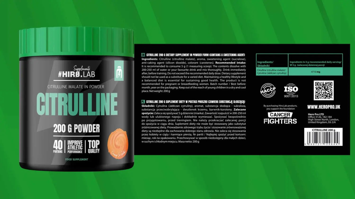 Hiro.Lab Citrulline Malate 200g label – composition and directions for use