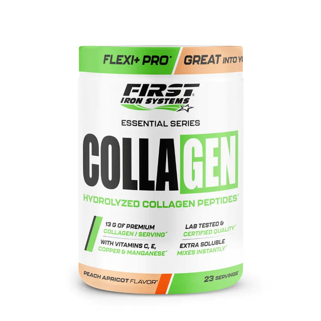 Collagen Saveur Pêche Abricot - First Iron Systems | Complément alimentaire à base de peptides de collagène bovin. Soutien optimal des articulations, des tendons, de la peau et des tissus conjonctifs.