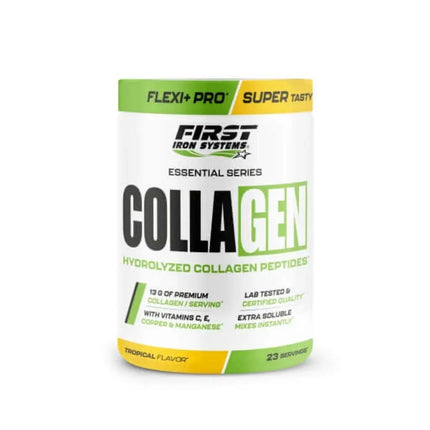 Collagen Saveur Tropical - First Iron Systems | Complément alimentaire à base de peptides de collagène bovin. Soutien optimal des articulations, des tendons, de la peau et des tissus conjonctifs.