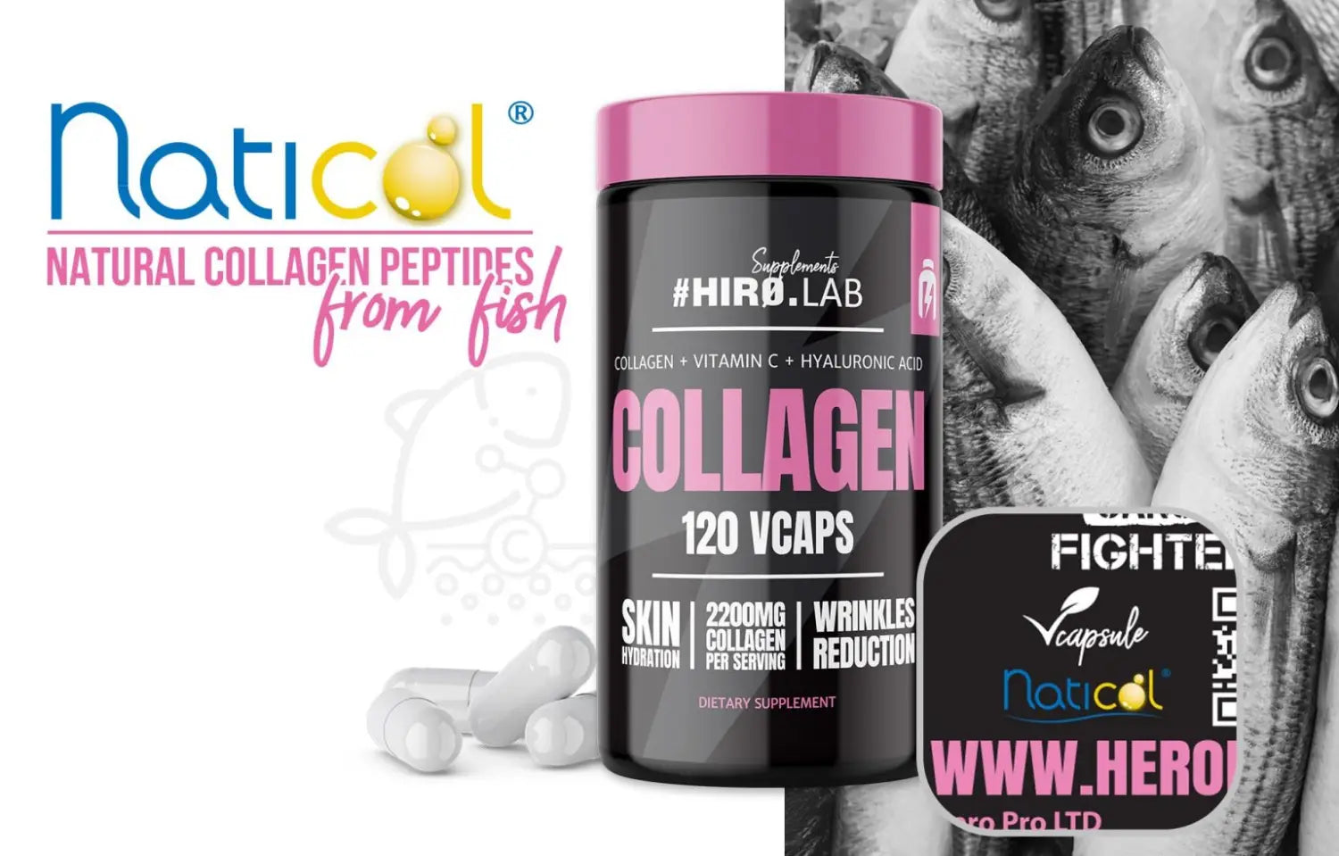 Colágeno 120 cápsulas Hiro Lab - Péptidos marinos, Vitamina C y Ácido Hialurónico para la piel