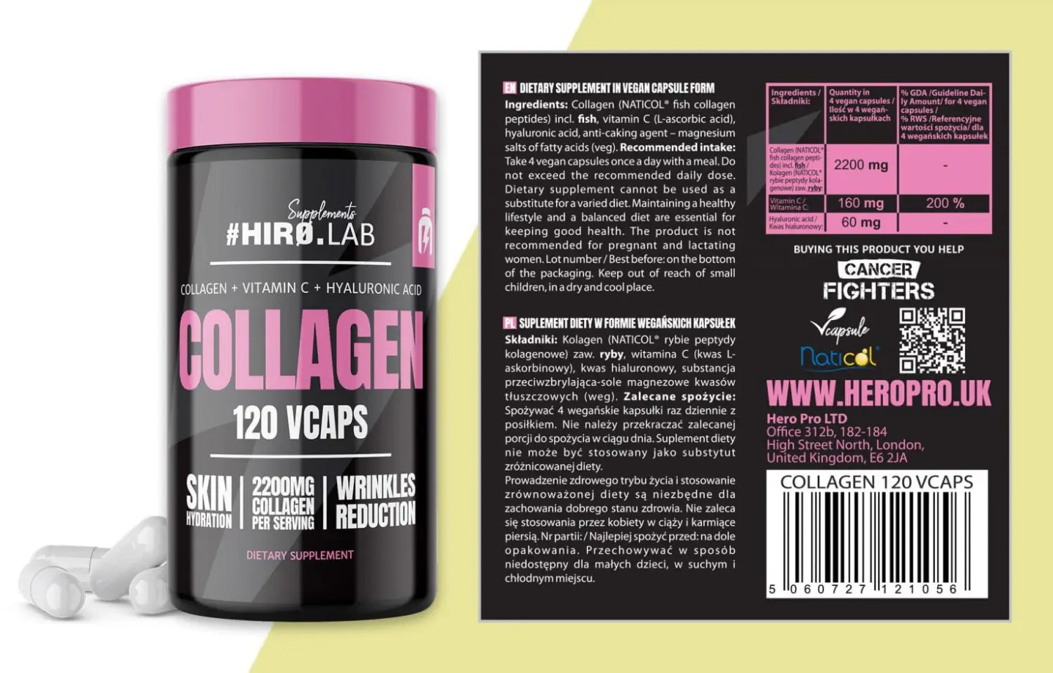 Etiqueta del Colágeno Hiro Lab 120 cápsulas - Complemento a base de péptidos marinos y antioxidantes