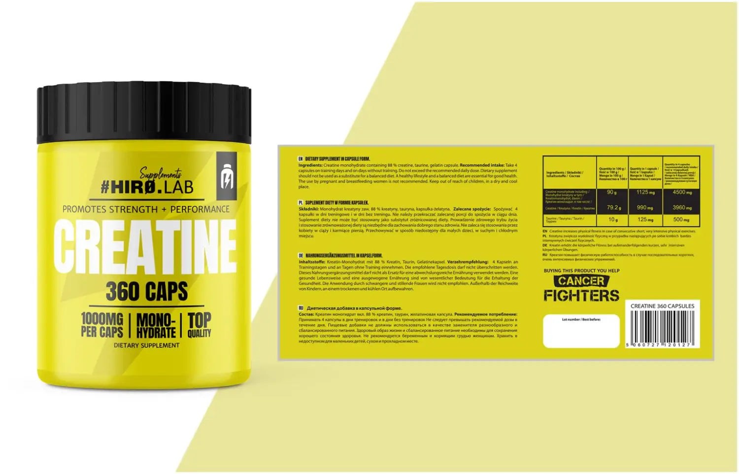 Etiqueta detallada de la creatina Hiro Lab 360 cápsulas - Monohidrato de creatina para el entrenamiento