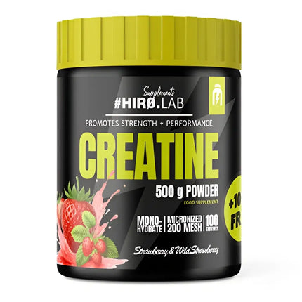Black cylindrical créatine monohydrate lab 500g container with bright yellow lid and strawberry flavor label