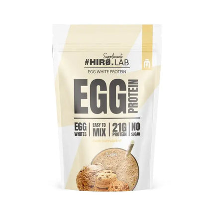 Un sachet beige et blanc de poudre de protéines dœuf hiro.lab avec 21g de protéines et un shake protéiné aux cookies pour mass kong 3000g score pdcaas