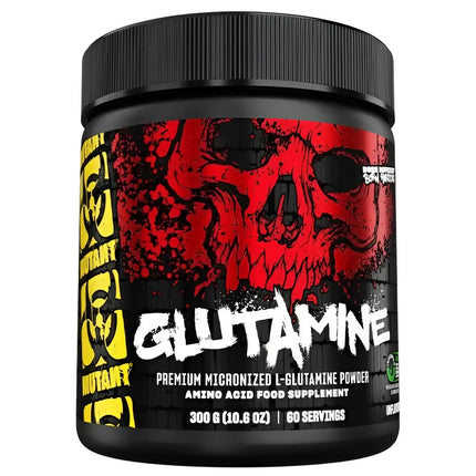 Contenant noir avec un graphique de crâne rouge et noir et l’inscription glutamine en style graffiti blanc glutamine mutant 300g végane fermentée solubilité supérieure