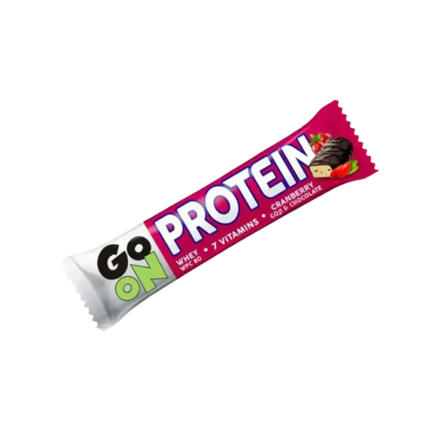 GO ON Protein Bar Cranberry 50g – Barre protéinée énergétique sans gluten, riche en WPC 80, canneberges et chocolat pour la récupération musculaire