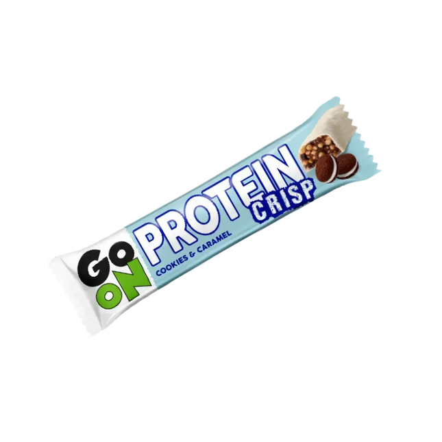 GO ON Protein Bar Crisp Cookies Caramel 50g – Barre protéinée croustillante, saveur cookie-caramel, enrichie en WPC 80 et vitamines, idéale pour la récupération