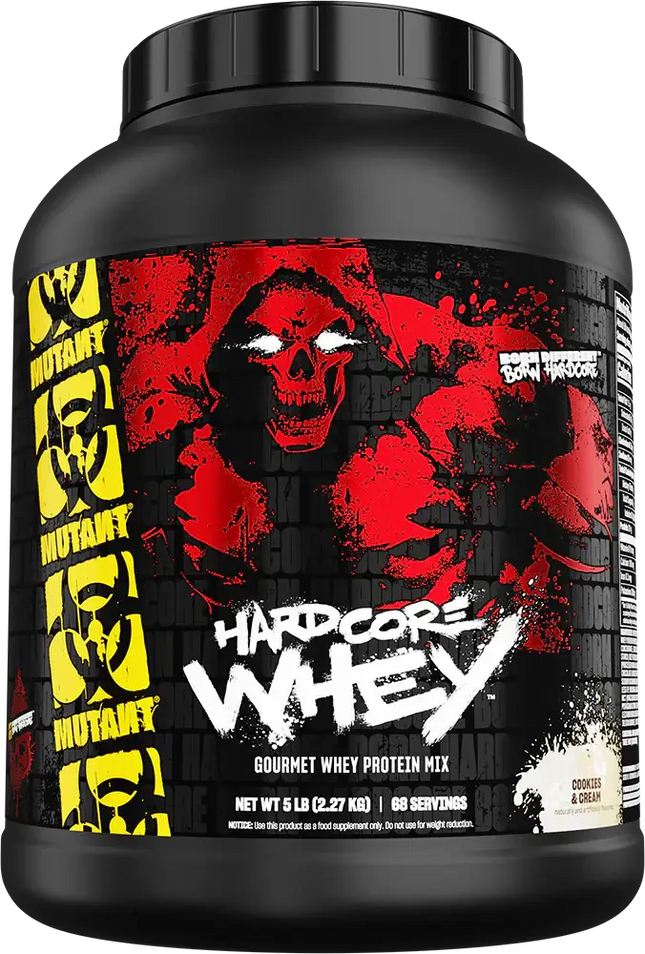 Conteneur noir de mutant hardcore whey protein 2270g avec étiquette rouge et jaune skull pour absorption ultra-rapide post-entraînement