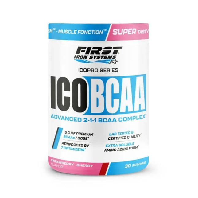 ICO BCAA Saveur Fraise Cerise Fusion  - First Iron Systems | Complément alimentaire sportif à base de BCAA 2:1:1, L-Glutamine et vitamines pour améliorer la récupération musculaire, la performance et la synthèse protéique.
