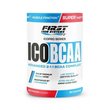 ICO BCAA Saveur Fruits Rouge - First Iron Systems | Complément alimentaire sportif à base de BCAA 2:1:1, L-Glutamine et vitamines pour améliorer la récupération musculaire, la performance et la synthèse protéique.