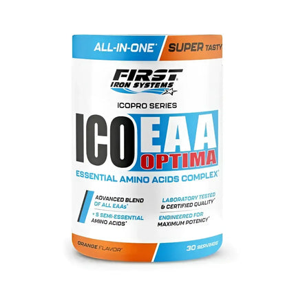 ICO EAA Optima Saveur Orange - First Iron Systems | Complexe d'acides aminés essentiels avec BCAA, L-Glutamine et L-Citrulline pour une récupération musculaire rapide et une performance optimale