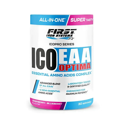 ICO EAA Optima Saveur Raspberry Blueberry - First Iron Systems | Complexe d'acides aminés essentiels avec BCAA, L-Glutamine et L-Citrulline pour une récupération musculaire rapide et une performance optimale