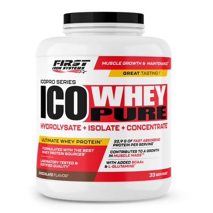 Pot de plastique blanc de first iron systems ico whey pure 1000g poudre protéinée chocolat absorption rapide