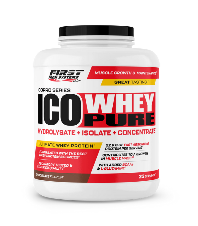 Pot de plastique blanc de first iron systems ico whey pure 1000g poudre protéinée chocolat absorption rapide