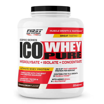 White plastic container with black lid of first iron systems ico whey pure 1000g featuring absorption rapide text