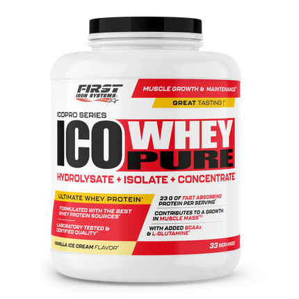 White plastic container with black lid labeled first iron systems ico whey pure 1000g featuring absorption rapide
