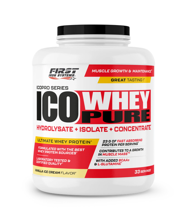 White plastic container with black lid labeled first iron systems ico whey pure 1000g featuring absorption rapide