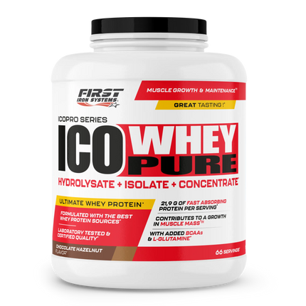 Conteneur blanc en plastique ico whey pure 2000g pour récupération musculaire et développement musculaire avec étiquette rouge noire et couvercle noir