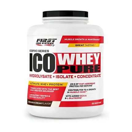 ICO WHEY PURE Saveur Cookies Cream - First Iron Systems | Protéine de lactosérum à absorption rapide pour le développement musculaire et la récupération optimale.