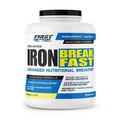 Iron Breakfast Saveur Vanille - First Iron Systems | Petit-déjeuner complet et équilibré, riche en protéines, fibres et vitamines pour une énergie durable.