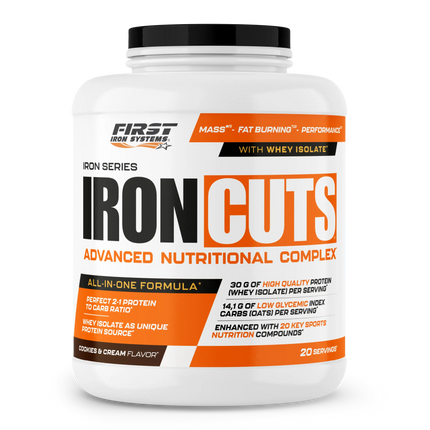 Conteneur blanc en plastique à couvercle noir avec étiquette orange et noire iron cuts 1100g de first iron systems, complexe nutritionnel tout-en-un