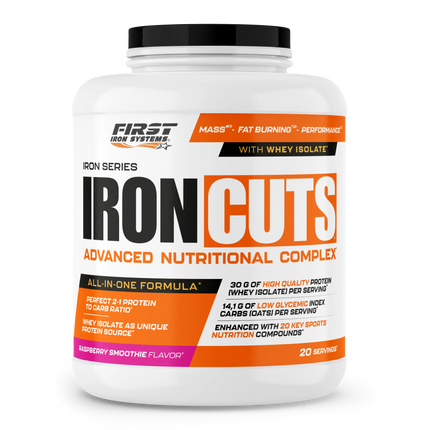 Conteneur blanc en plastique avec couvercle noir de first iron systems iron cuts complexe nutritionnel tout-en-un 1100g