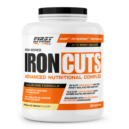 Pot de plastique blanc avec couvercle noir et étiquette orange et noire iron cuts protéine vanille 1100g complexe nutritionnel tout-en-un farine d’avoine complète complète ig bas