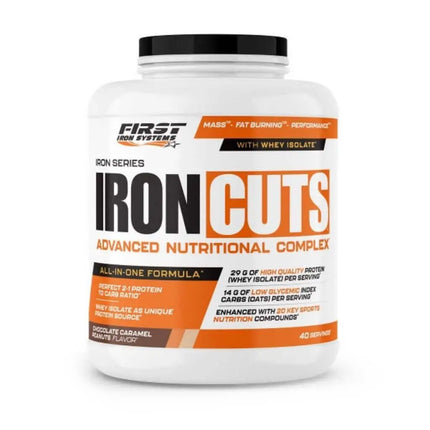 Iron Cuts Saveur Chocolat Caramel Cacahuete - First Iron Systems | Complément alimentaire tout-en-un pour le développement musculaire sec et la définition, enrichi en protéines, BCAA, créatine et agents brûle-graisse.