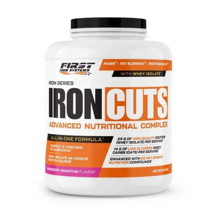 Iron Cuts Saveur Raspberry Smoothie - First Iron Systems | Complément alimentaire tout-en-un pour le développement musculaire sec et la définition, enrichi en protéines, BCAA, créatine et agents brûle-graisse.