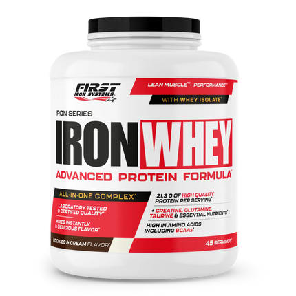 White plastic container with black lid and red and black iron whey 1500g label whey protéine tout-en-un filtrés à basse température