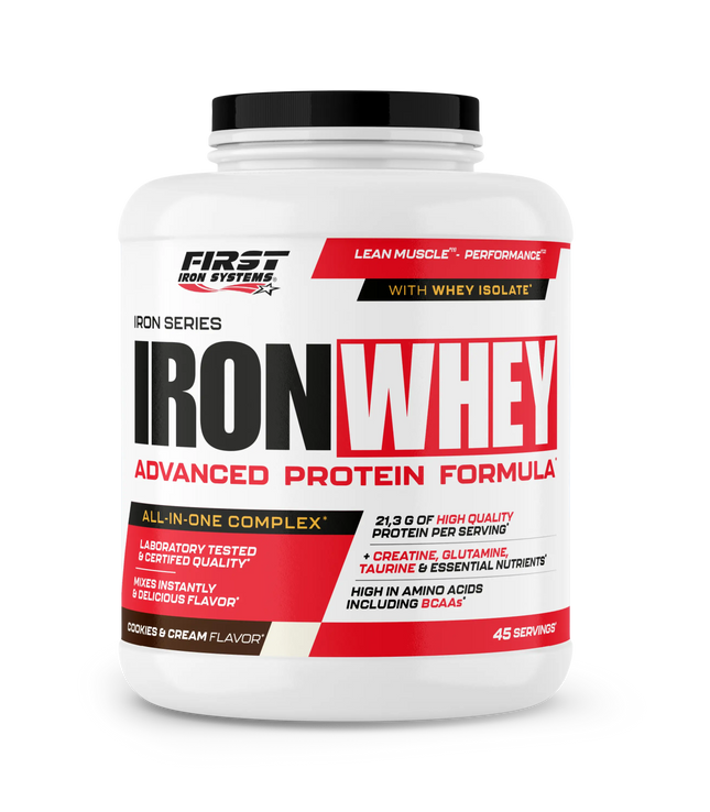 White plastic container with black lid and red and black iron whey 1500g label whey protéine tout-en-un filtrés à basse température
