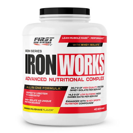 Conteneur blanc en plastique avec couvercle noir iron works 2200g pour masse musculaire sans sucres ajoutés