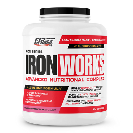 Conteneur blanc en plastique avec couvercle noir et étiquette iron works rouge et noir pour supplément protéiné Iron Works 2200g croissance musculaire sans sucres ajoutés