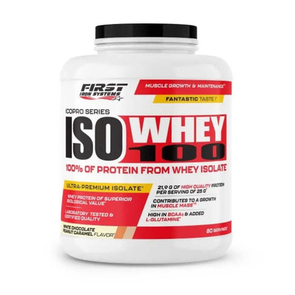 Iso Whey 100 2000g Saveur Chocolat Blanc Caramel Cacahuete -  First Iron Systems | Isolat de lactosérum natif enrichi en L-Glutamine, haute teneur en protéines et BCAA, sans lipides ni glucides, idéal pour la prise de muscle sec et la récupération