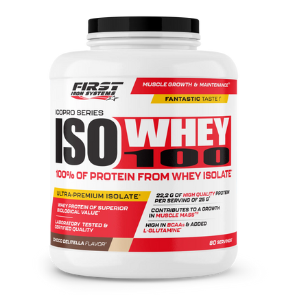 Conteneur blanc en plastique avec couvercle noir iso whey 100 first iron systems 2000g pour récupération musculaire et dissolution parfaite