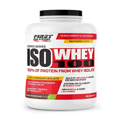 Iso Whey 100 2000g Saveur Chocolat Pistache -  First Iron Systems | Isolat de lactosérum natif enrichi en L-Glutamine, haute teneur en protéines et BCAA, sans lipides ni glucides, idéal pour la prise de muscle sec et la récupération