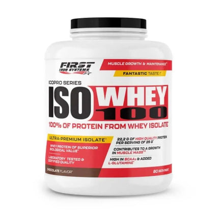 Iso Whey 100 2000g Saveur Chocolat - First Iron Systems | Isolat de lactosérum natif enrichi en L-Glutamine, haute teneur en protéines et BCAA, sans lipides ni glucides, idéal pour la prise de muscle sec et la récupération