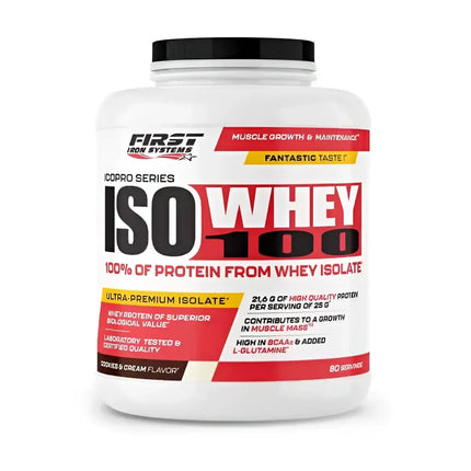 Iso Whey 100 2000g Saveur Cookies & Cream -  First Iron Systems | Isolat de lactosérum natif enrichi en L-Glutamine, haute teneur en protéines et BCAA, sans lipides ni glucides, idéal pour la prise de muscle sec et la récupération