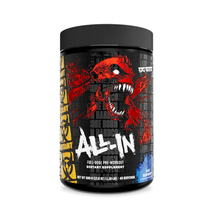Contenant cylindrique noir mutant madness all-in avec crâne rouge blanc pour pré-workout full dose arôme framboise bleue