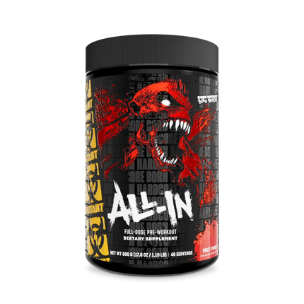 Conteneur cylindrique noir mutant madness all-in 504g avec graphique rouge et blanc crâne rugissant pre-workout citrulline malate créatine monohydrate