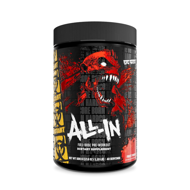 Conteneur cylindrique noir mutant madness all-in 504g avec graphique rouge et blanc crâne rugissant pre-workout citrulline malate créatine monohydrate