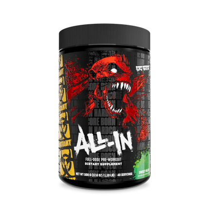 Contenant cylindrique noir mutant madness all-in 504g avec graphique rouge et blanc d un crâne rugissant supplément pré-workout comprenant citrulline malate et créatine monohydrate